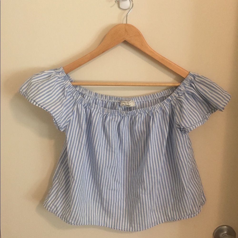 Blue and white striped off-shoulder top